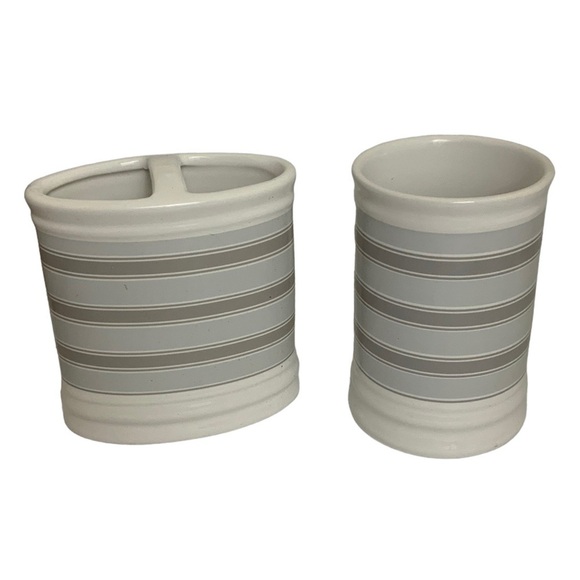 Striped Fabric Shower Curtain Ceramic Accessories 3 Pieces White Grey Tan Khaki - Picture 3 of 15